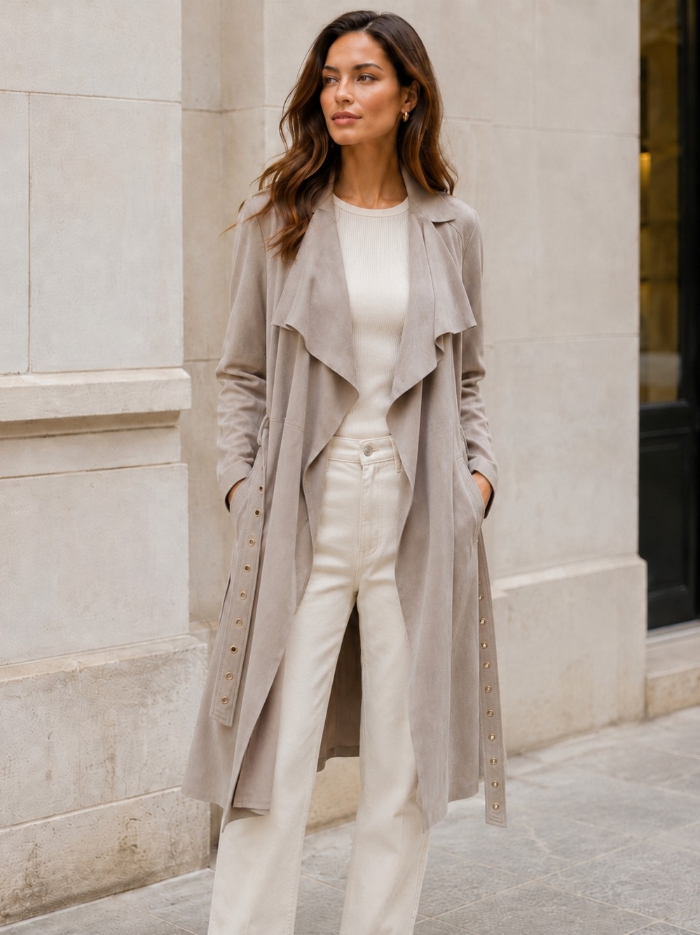 Gerard Darel Taupe Goat Suede Leather Waterfall Trench Coat Belted FR 36